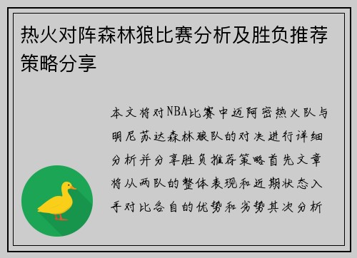 热火对阵森林狼比赛分析及胜负推荐策略分享